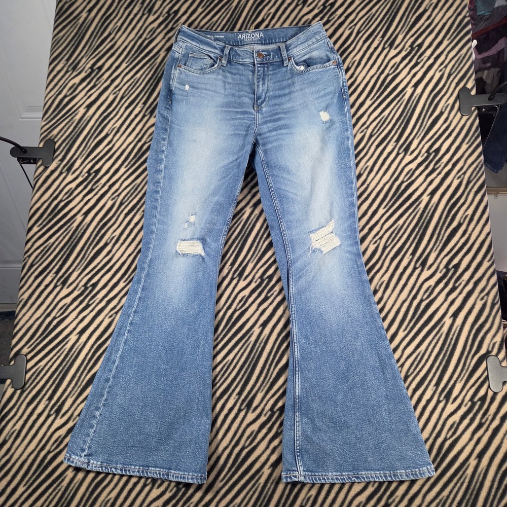Y2K Arizona Jean Co Extreme Low-Rise Flare Jeans Butterfly Embroidery Blue 10